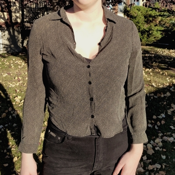 Jones NY black silk button up shirt black print shirt - Picture 1 of 7